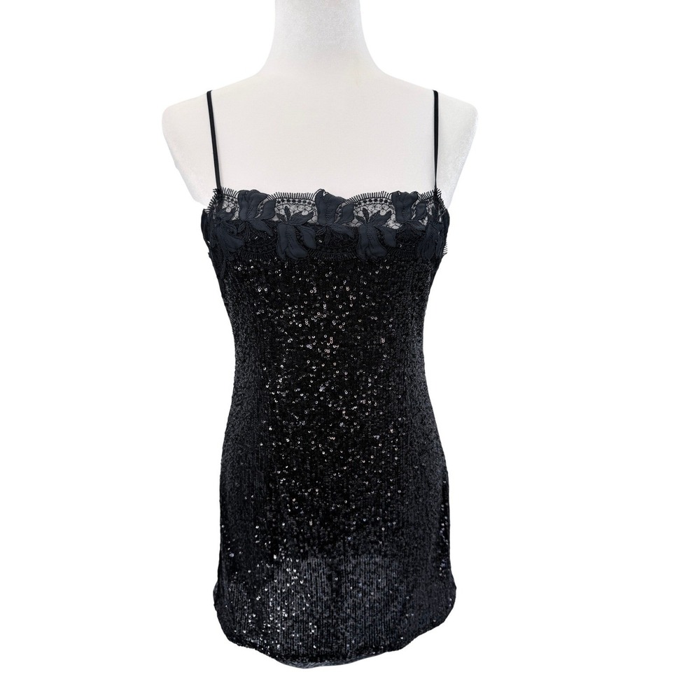 Victoria's Secret Black Sequin Lace Trim Mini Slip Dress Womens 2000's M